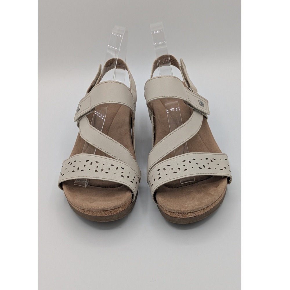 Earth Origins Kendra Khloe 9M Cream Leather Strap Boho Chic Cork Wedge Sandals